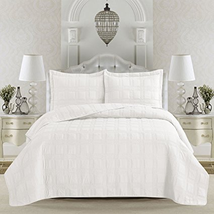 Terra Collection 3-Piece Luxury Quilt Set with Shams. Soft All-Season Microfiber Bedspread & Coverlet in Solid Colors with Embroidered Box Design. By Home Fashion Designs Brand. (Twin, Optic White)