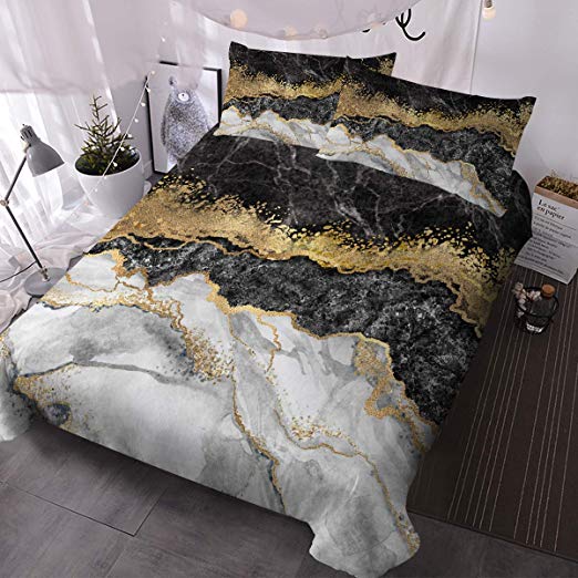 BlessLiving Bedding Duvet Cover Set Black White Gold Foil Marble Pattern on Comforter Cover 3 Pieces 1 Marble Abstract Duvet Cover 2 Pillowcases Bed Cover with Zipper Closure (Full)