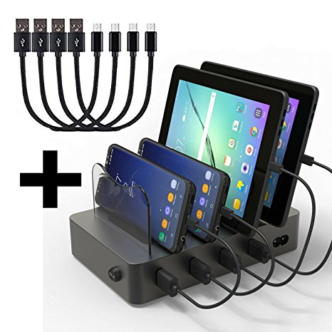 Hercules Multi Device Charging Station Dock & Organizer | All 4 Ports Fast Charge for Android & Tablets | Removable & Detachable Dividers | 4 USB Cables Included (BLACK 4-port)