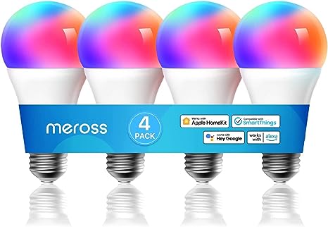 Smart Bulbs, meross Smart WiFi LED Bulbs Compatible with Apple HomeKit, Siri, Alexa, Google Assistant and SmartThings, Dimmable E26 Multicolor 2700K-6500K RGBWW, 810 Lumens 60W Equivalent, 4 Pack