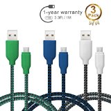 Micro USB Charger 3 Pack Ace Teah 33ft Nylon Braided Quick Charge High Speed Charger Cable and Data Sync A Male to Micro B for Android Samsung Note Galaxy S 6 Edge LG HTC - Green Blue Black
