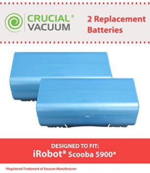 2 Long Lasting Rechargeable 14.4v, 3500mAh Batteries for most iRobot Scooba Series Vacuums; Compare to iRobot Part No. 5900; Designed & Engineered by Crucial Vacuum