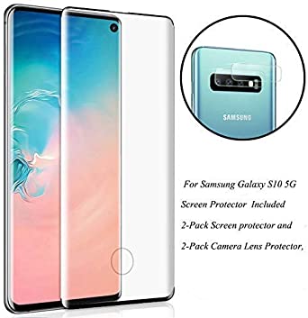 Galaxy S10 5G Screen Protector with Camera Lens Protector,[2- Pack][Case Friendly][9H Hardness][Fingerprint Unlocking][Bubble-Free] Tempered Glass Screen Protector for Samsung Galaxy S10 5G