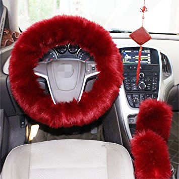 Cxtiy Car Steering Wheel Cover with Handbrake Cover & Gear Shift Cover, Fashion Steering Wheel Wrap Faux Wool Fluffy Soft and Warm in Winter Diameter 14.96" X 14.96" 3 Pcs 1 Set Fit Most of Car (Wine)