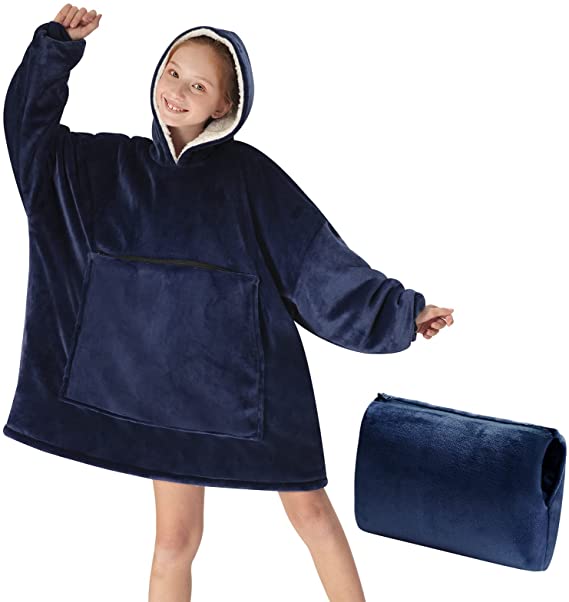 Yescool Wearable Blanket Sweatshirt Kids, Oversized Blanket Hoodie with Sherpa for Kids, Youth, Boys, Girls, Portable Warm Travel Pillow, Teen Wearable Blankets, Hand Warmer, One Size, Blue