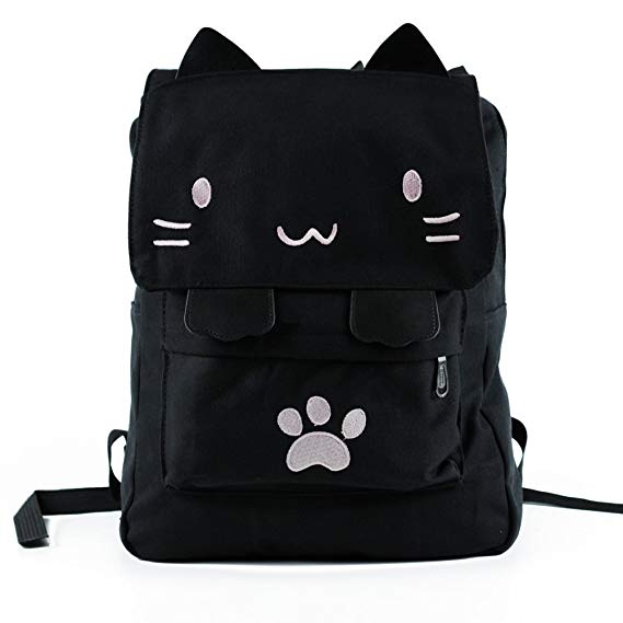 Black College Cute Cat Embroidery Canvas School Laptop Backpack Bags for Women Kids Plus Size Japanese Cartoon Kitty Paw Schoolbag Ruchsack Girls Boys Outdoor Accessories Daypack Bookbag