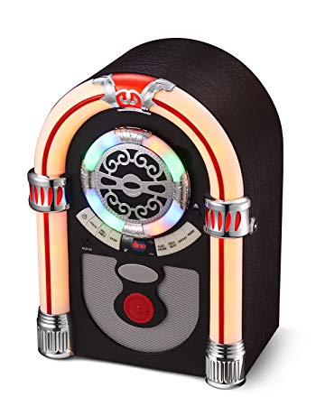 UEME Retro Tabletop Jukebox with CD Player, Bluetooth, FM Radio, AUX in Port and Color Changing LED Lights