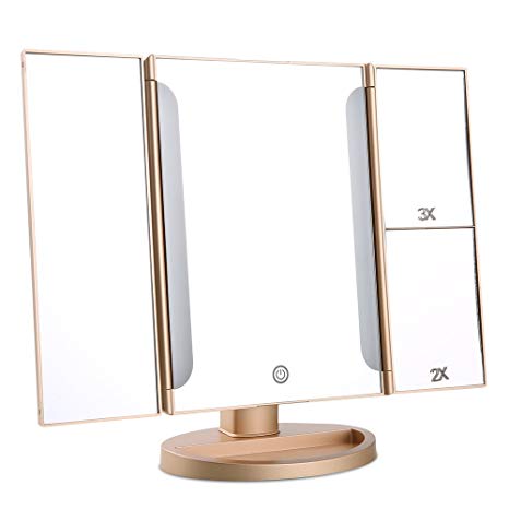 Easehold Lighted Makeup Mirror,2X 3X Magnifiers Vanity Mirror with Upgraded Eye-Caring Lights Tri-Fold 180 Degree Adjustable Countertop Cosmetic Bathroom Mirror(Gold)