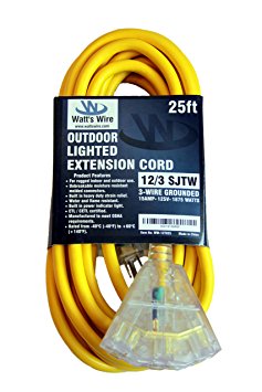 Watt's Wire 12/3 25ft Heavy Duty Triple Outlet Indoor / Outdoor SJTW Lighted Extension Cords - 12-3 25' Rugged Lighted Grounded Short Pigtail Power Cord NEMA 5-15 12 Awg 125Vac 15 Amp 1875Watt