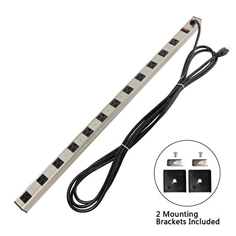 Power Strip Heavy Duty Metal Surge Protector 12 Outlets Power Socket with 15ft Long Cord and circuit breaker 450 joules with UL listed