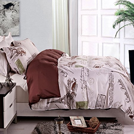 NTBAY 3 Pieces Eiffel Pattern Reversible Printed Microfiber Duvet Cover Set with Hidden Button (Full/Queen, Eiffel)