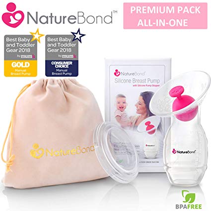 NatureBond Silicone Breastfeeding Manual Breast Pump Milk Saver Suction | Bonus Pump Stopper, Cover Lid, Pouch, Air-Tight Vacuum Sealed in Hardcover Gift Box. BPA Free. New 2019 Ver
