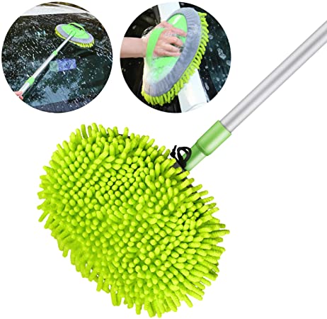 Vozada 2 in 1 Chenille Microfiber Car Wash Mop Mitt with 44.8" Aluminum Alloy Long Handle,Brush Duster Not Hurt Paint Scratch Free Cleaning Tool for Washing Car,Truck, RV (Green)