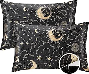 EXQ Home Silky Zippered Pillowcase 2 Pack Queen Size- Black Printed Satin Pillowcase 20x30 inches - Satin Pillow Cases for Hair and Skin, Valentines Day Gifts for Women