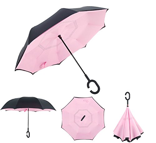 Swisstek Double Layer Reversible Smart Umbrella - Quick Dry Technology - Dual Layer Design - UV Protection Layer - Windproof & Waterproof - Stands On Its Own - Convenient C Grip