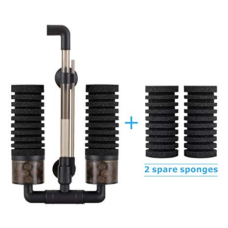 Hygger Aquarium Double Sponge Filter, Comes with 2 Spare Sponges, 1 Bag of Bio Ceramic Media Balls, Quiet Submersible Foam Filter for Fresh Water and Salt-Water Fish Tank