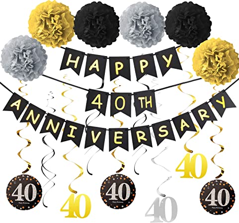 40th Anniversary Decorations Kit - 16Pcs - Including 1Pcs Happy 40th Anniversary Banner, 9Pcs Sparkling 40 Hanging Swirl, 6Pcs Poms - 40th Wedding Anniversary Party Decorations Supplies