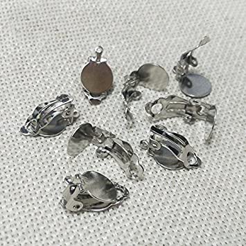 20 PCS (10 Pairs) Clip-on Earring Findings Pad Base Flat Back Round Tray Blank Setting No Need Ear Pierced Non Piercing Jewelry Accessories (Rhodium, 16 x 10 mm Tray 10 mm with Loop for Dangle)