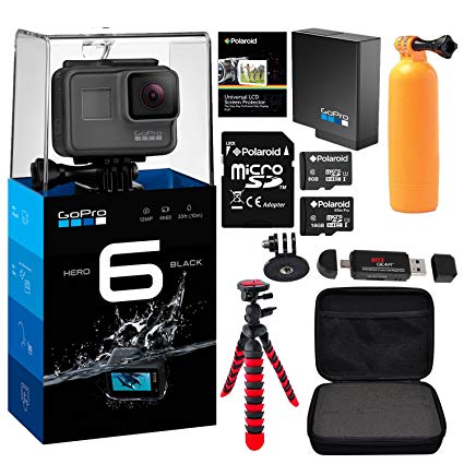 GoPro HERO6 Black w/Free Extra GoPro Battery, Lexar Action Camera Case, Flexible Tripod, Polaroid 8GB and 16GB MicroSD cards and Accessory Bundle