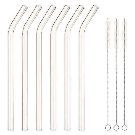 GINOVO 200mm * 10mm Reusable Bent Glass Drinking Straws, Set of 6 with 3 Cleaning Brushes - Clear