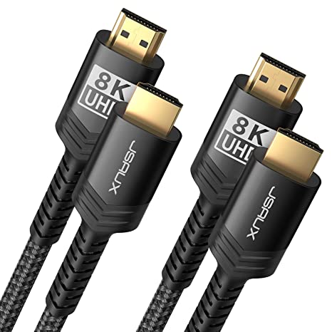 8K HDMI Cable 2 Pack 10ft, JSAUX 48Gbps High Speed HDMI 2.1 Braided HDMI Cord, 4K 120Hz 144Hz, 8K 60Hz, Dynamic HDR, DTS:X, 2K, 1080P, 3D, eARC Compatible for Laptop UHD TV Gaming Monitor PS5 -Black