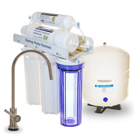 iSpring RCC7 - WQA Gold Seal - US Legendary - 5 Stages 75GPD Reverse Osmosis Water Filter System featuring Brushed Nickel EU Faucet and Clear See-through 1st Stage