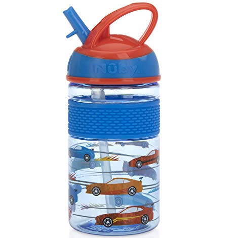 Nuby Thirsty Kids Flip-it Freestyle On The Go Water Bottle with Bite Resistant Hard Straw Cup and Easy Grip Band, Blue Cars, 12 Ounce