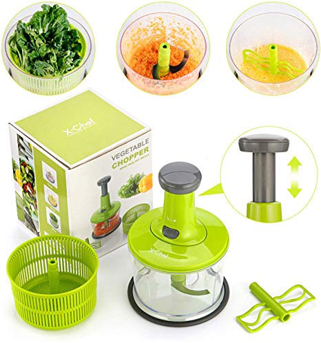 X-Chef Manual Food Chopper, 3 in 1 Chopping Food Processor Vegetable Hand Chopper for Chopping Blending Salad Spinning Drying, Upgraded One-Hand Press Operation, 5 Cup/1.2L