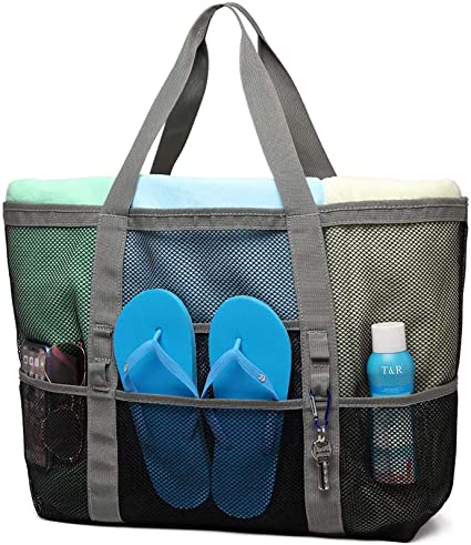 Cambond Mesh Beach Bag, Large Beach Tote Bag with Zipper and Multiple Pockets for Beach, Picnic