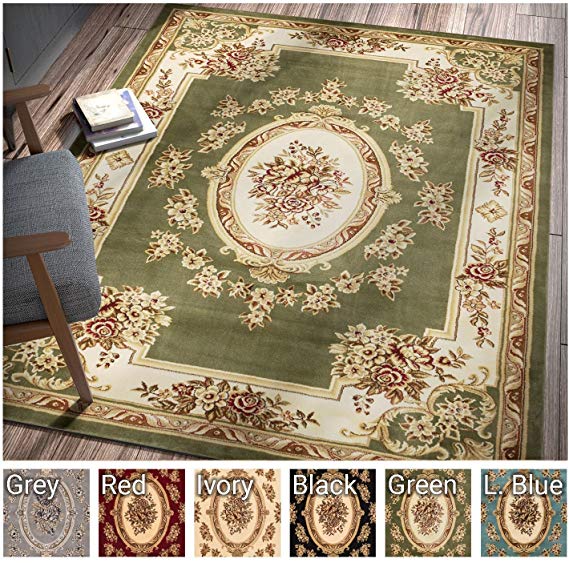 Pastoral Medallion Green French European Formal Traditional 8x11 8x10 (7'10" x 10'6" Area Rug Easy to Clean Stain Fade Resistant Shed Free Contemporary Floral Thick Soft Plush Living Dining Room Rug