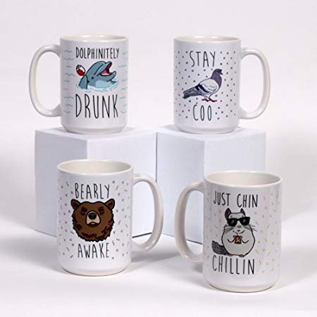 LookHUMAN “Animal Puns” Mug Set - Funny Animal Pun Humor Theme, 4 Ceramic Mugs, 15 Ounces