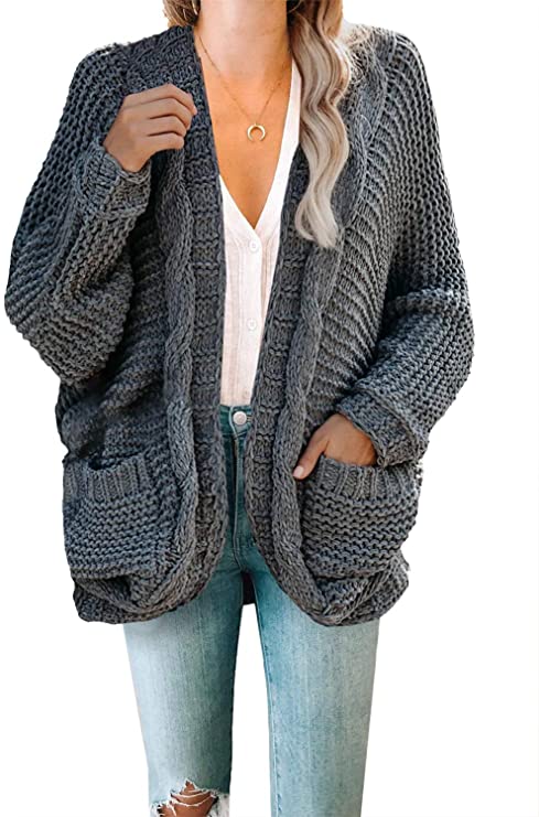 Dokotoo Womens Winter Open Front Long Sleeve Chunky Cable/Chenille Knit Cardigan Sweater Coats S-XXL