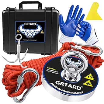 1000LBS Fishing Magnet Kit, Fishing Magnets Pulling-Includes Grappling Hook, Heavy Duty 65FT Rope, Gloves & Locking Carabiner, Threadlocker, and Waterproof Carry Case - 3.55inch Diameter