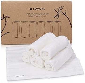 Navaris Bamboo Wash Cloths (Pack of 6) - 25 x 25 cm Soft Face Cloth Flannel Towel Set for Washing Face, Makeup Removal, Body, Babies, Kids - White