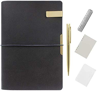 Wonderpool Binder Leather Journal Notebook-Refillable Executive Writing Diary with Vintage Leather Cover & Lined Notepads for Business Travel Plan Work and Agenda (A5, Black)