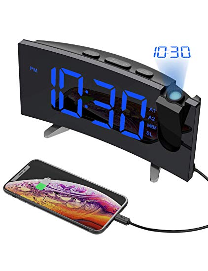 PICTEK Projection Alarm Clock, [Upgrade Version]5" Large LED Curved-Screen Digital FM Radio Ceiling Projector Alarm Clock with Dual Alarms, Snooze Function, Sleep Timer, Dimmer, Battery Backup,12/24h