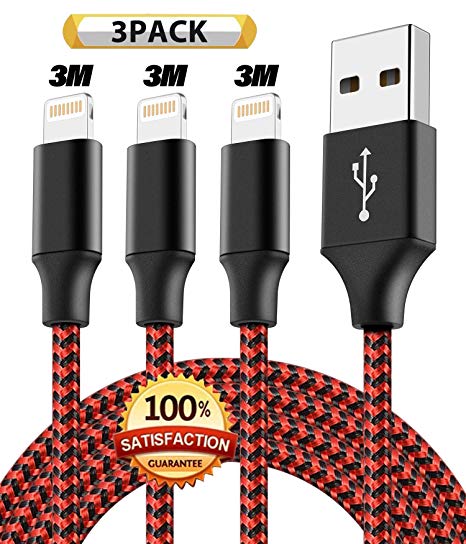 Youer Lightning Cable,[3Pack 3M] Nylon Braided iPhone Charger Cable Charging Lead Cord USB Wire for iPhone X / 10 / 8 / 8 Plus / 7 / 7 Plus / 6S / 6S Plus / 6 / 6 Plus / 5 / 5S / 5C / SE, iPad Pro / Air / Mini, iPod Touch 5/6 And More(Black Red)