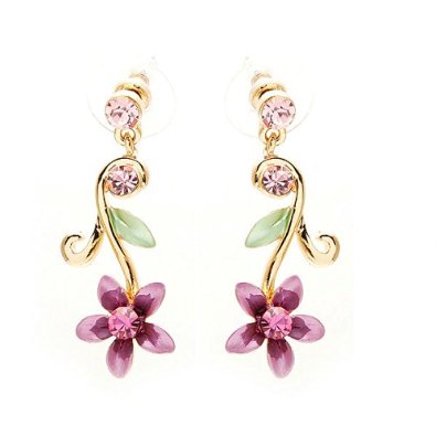 Glamorousky Purple Flower Golden Pair Earrings with Austrian Element Crystals (1381)