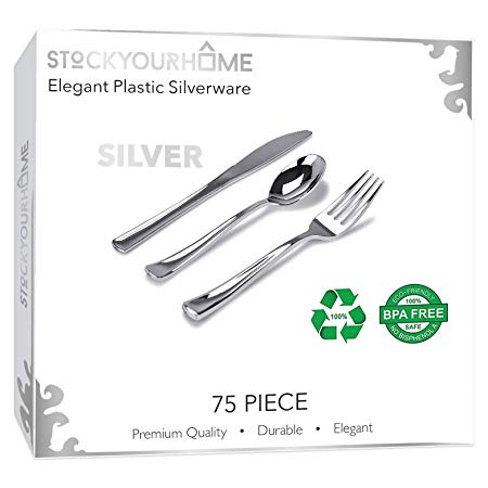 75 Pieces Plastic Silverware- Disposable Flatware Set-Heavyweight Silver Plastic Cutlery- Includes 25 Forks, 25 Spoons, 25 Knives (Silver)