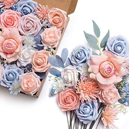 Ling's moment Blush Blue Artificial Flowers Combo for DIY Wedding Bouquets Centerpieces Arrangements Party Baby Shower Home Decorations