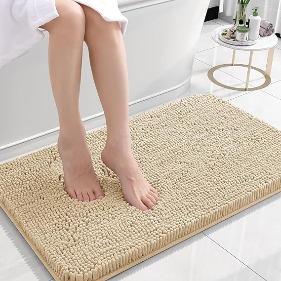 OLANLY Bathroom Rugs 24x16, Extra Soft Absorbent Chenille Bath Rugs, Non-Slip, Dry Quickly, Machine Washable, Bath Mats for Bathroom Floor, Tub and Shower, Beige