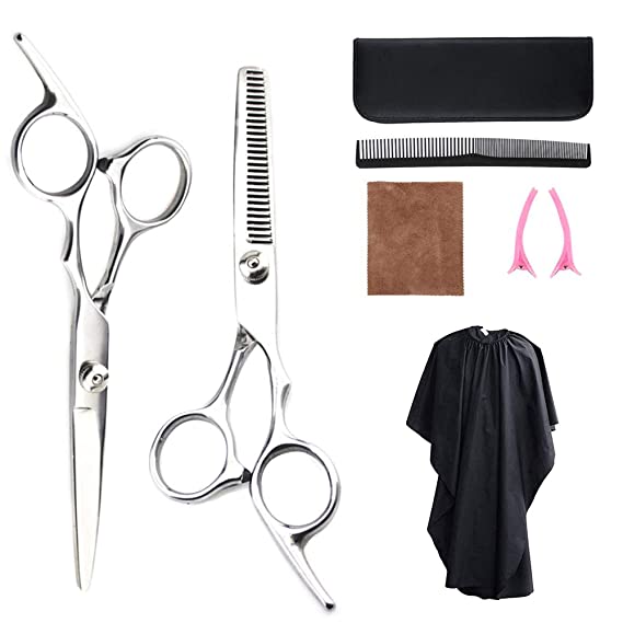 Professional Hair Cutting Shears,6.0" Professional Stainless Barber Scissors Set for Hairdressing,Thinning,Texturizing, Salon or Home Use with Black Storage Case (sliver)