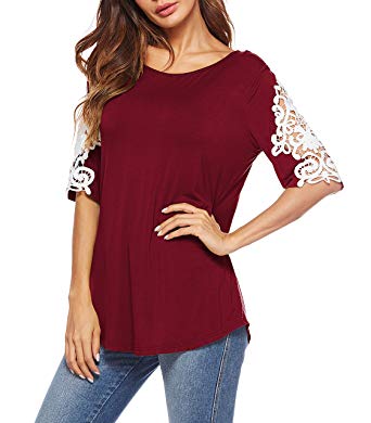 Oyanus Womens Shirts Casual Tee Round Neck Short Sleeve Lace Loose Fits Tunic Tops Blouses