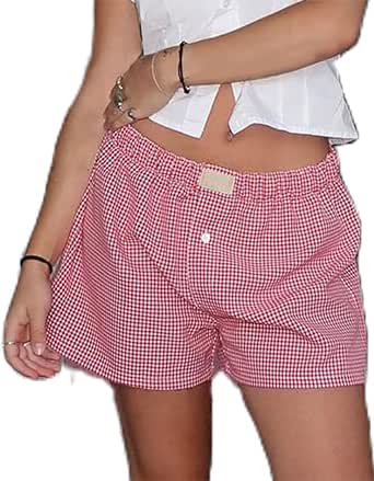 Women Pajama Shorts Buffalo Plaid Lounge Pajamas Y2k Pj Boxer Shorts Mini Gingham Print Short Pants Sleepwear