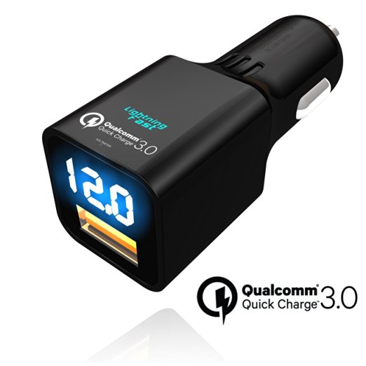 Qualcomm Certified Car Charger - Quick Charge 3.0 - 3 Amp - Digital Voltmeter Displays Rapid Power On Screen - 80% Battery Power In 35 Minutes - Keeps You Connected