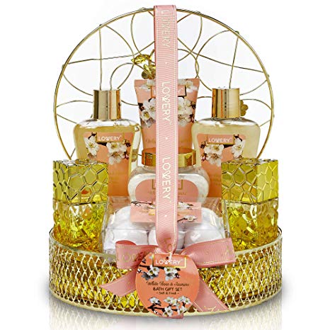 Valentine's Bath &Body Gift Basket For Women & Men - 13 Piece Set of White Rose and Jasmine Scented Cosmetic & Home Spa Set with Bath Bombs, Body Mist, Perfume, Intricate Gold Perfume Holder and More