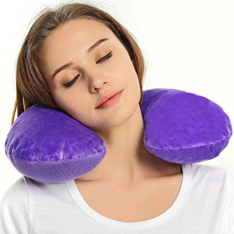 BONAZZA iTP Travel Inflatable Pillow - 2 Sec Fully Inflates Customize Comfort Travel Neck Pillow Easy to Use and Carry, Washable, Compact, Portable U-Shape Neck Travel Pillow (Purple)