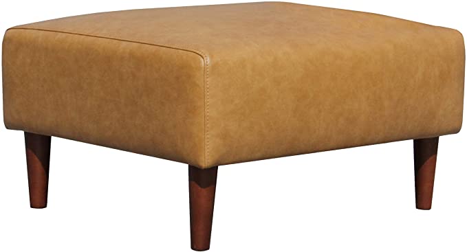 Rivet Ava Mid-Century Modern Leather Ottoman, 25.6"W, Caramel