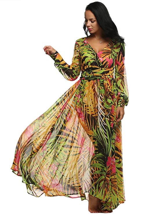 ACEVOG Women Summer Tropical Flower Printed Chiffon Long Sleeve Beach Dress