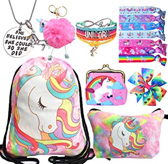 Unicorn Gifts for Girls - Unicorn Drawstring Backpack/Makeup Bag/Bracelet/Necklace/Hair Ties/Keychain/Sticker